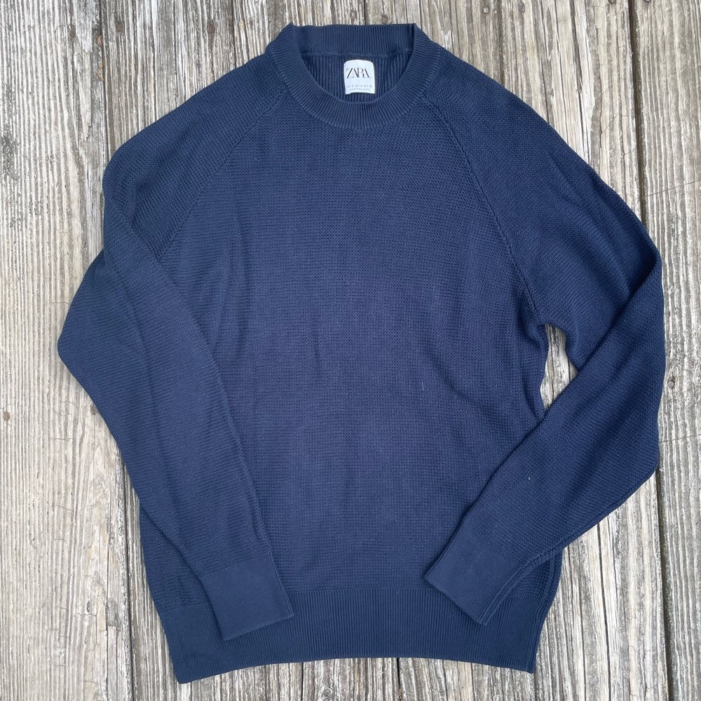 Zara Blue Crewneck Sweater with Ribbed Details